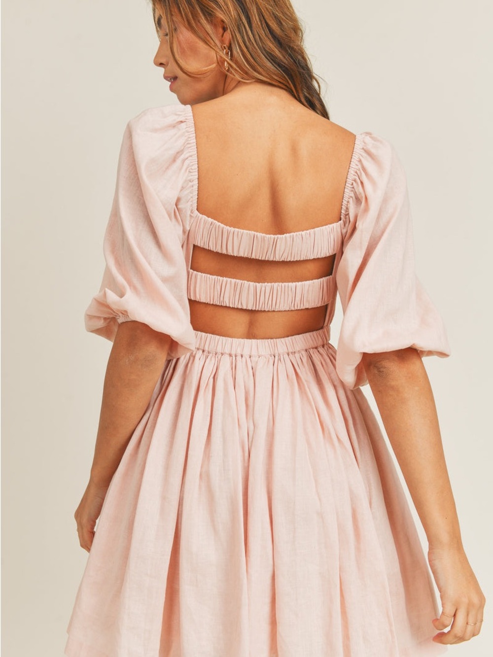 MABLE Puff Sleeve Square Neck Mini Dress in Blush - Picture 2 of 6